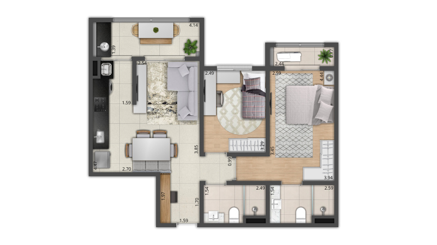 Apartamento de 2 dormitórios (1 Suíte) | Terraço Gourmet | Kit de acabamentos master Apartamento de 2 dormitórios (1 Suíte) | Terraço Gourmet | Kit de acabamentos master